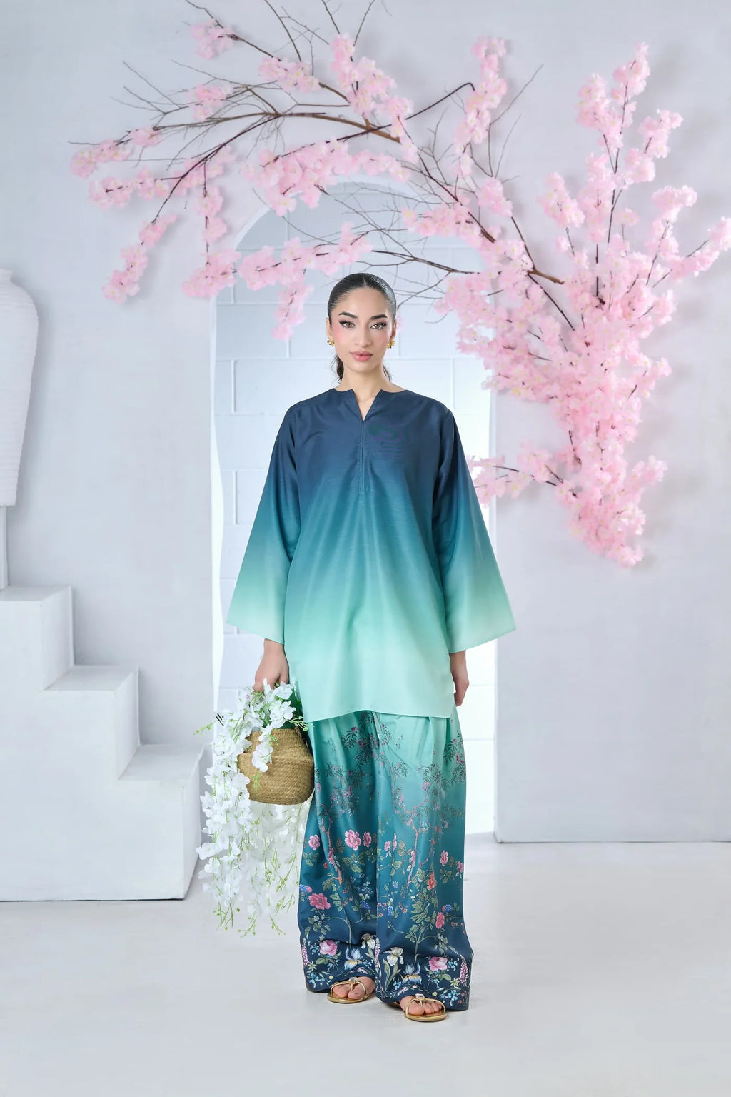 Marine Blossom Printed Silk 3pc Suit D. No 18