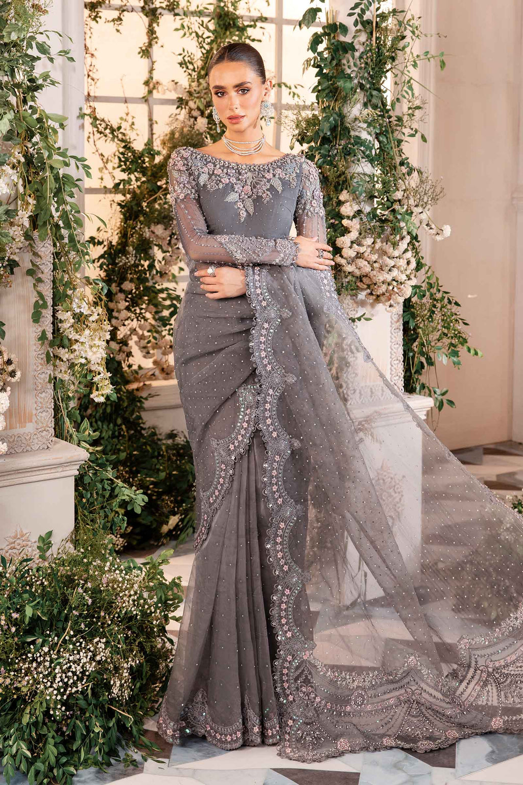Maria B Net Saree Embroidered & Hand Embellished SR 5020