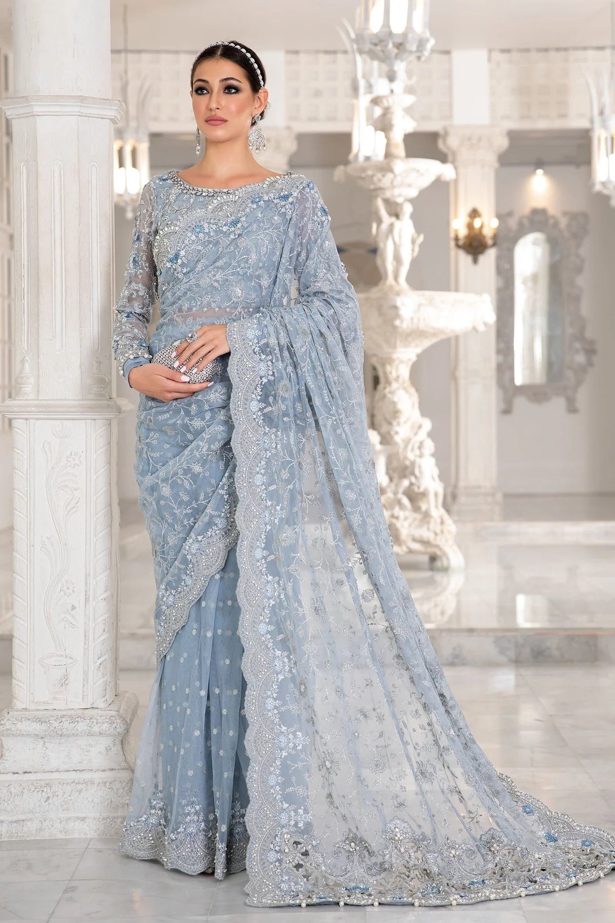 Maria B Ice Blue Exclusive Net Saree SR 5011