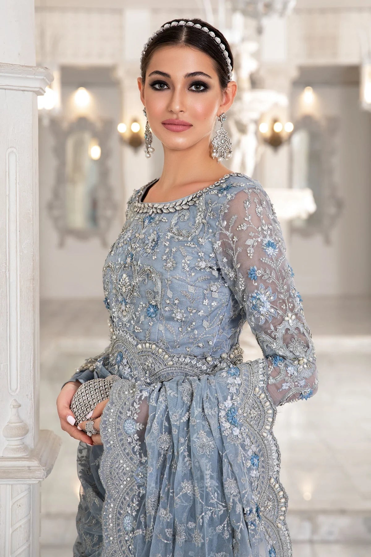 Maria B Ice Blue Exclusive Net Saree SR 5011