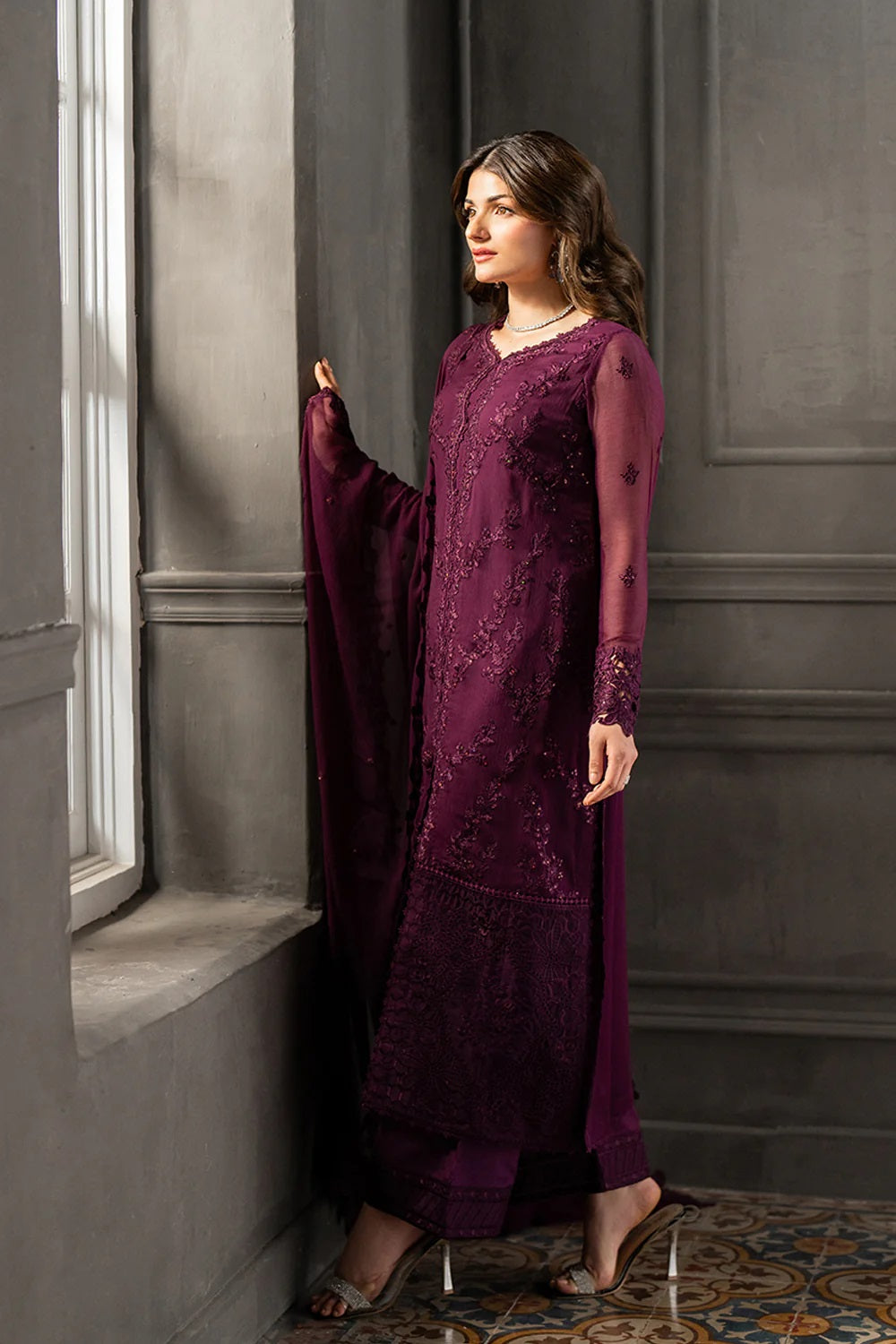 Azure Chiffon Formal Dress With Chiffon Dupatta SK 7074