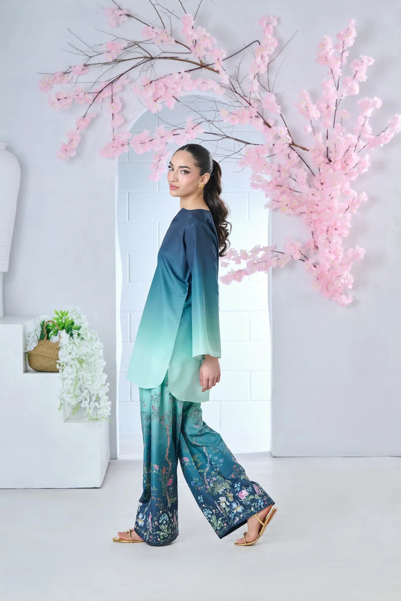 Marine Blossom Printed Silk 3pc Suit D. No 18