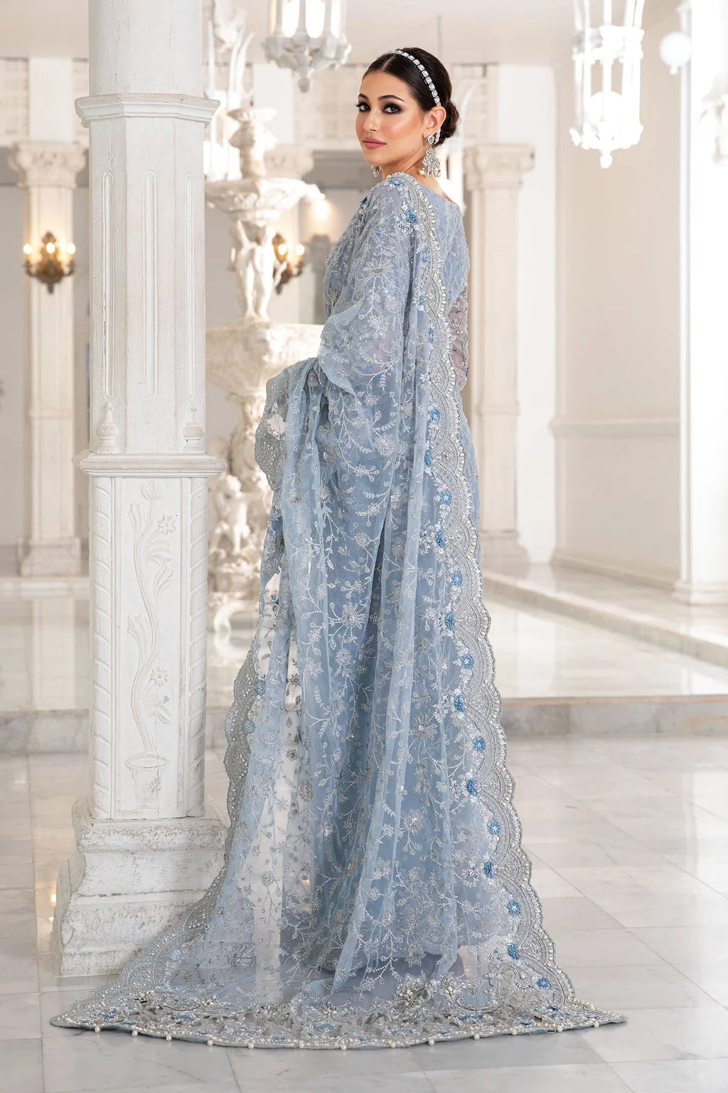 Maria B Ice Blue Exclusive Net Saree SR 5011