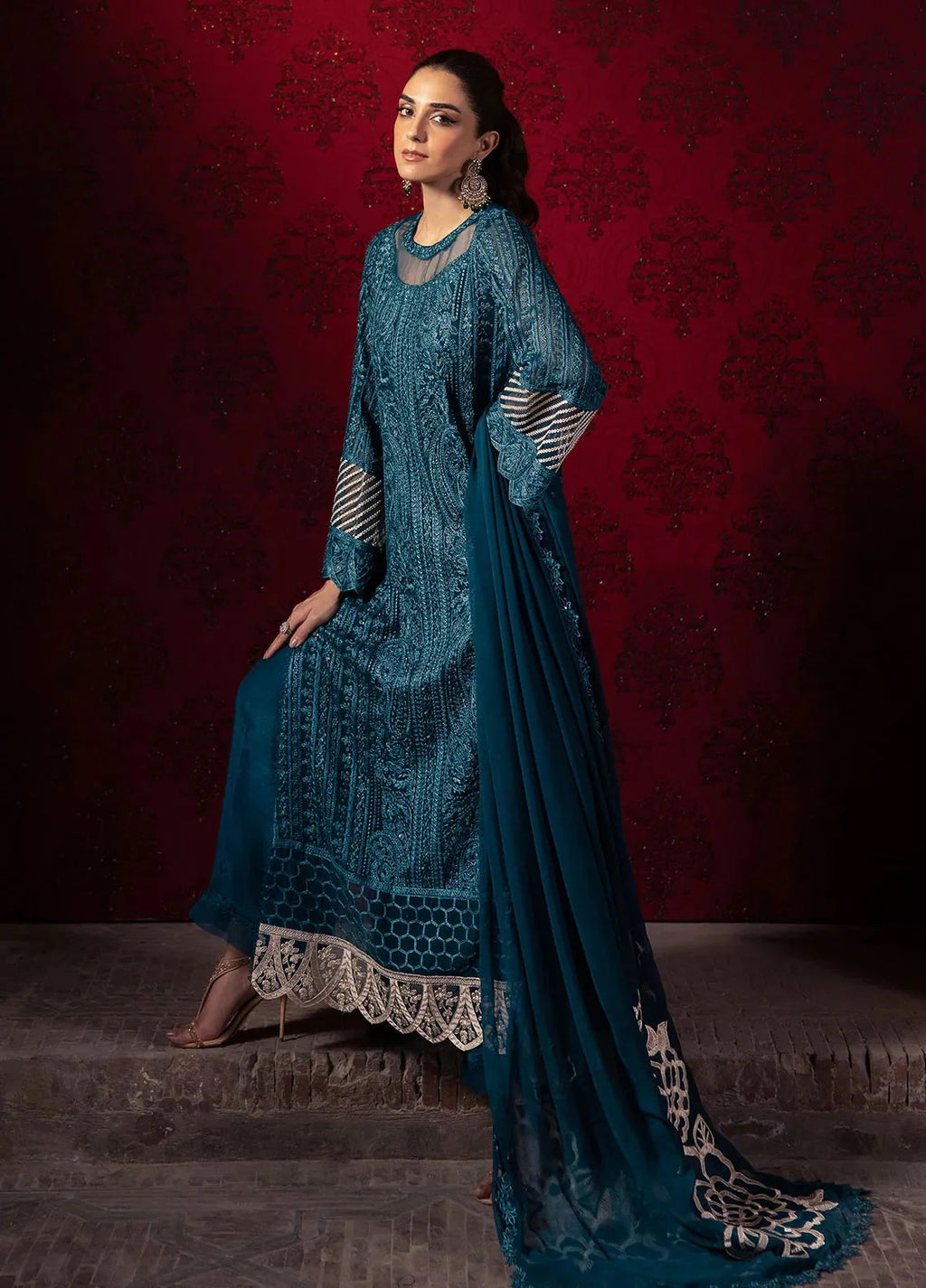 Azure Chiffon Dress With Chiffon Dupatta SK 7058