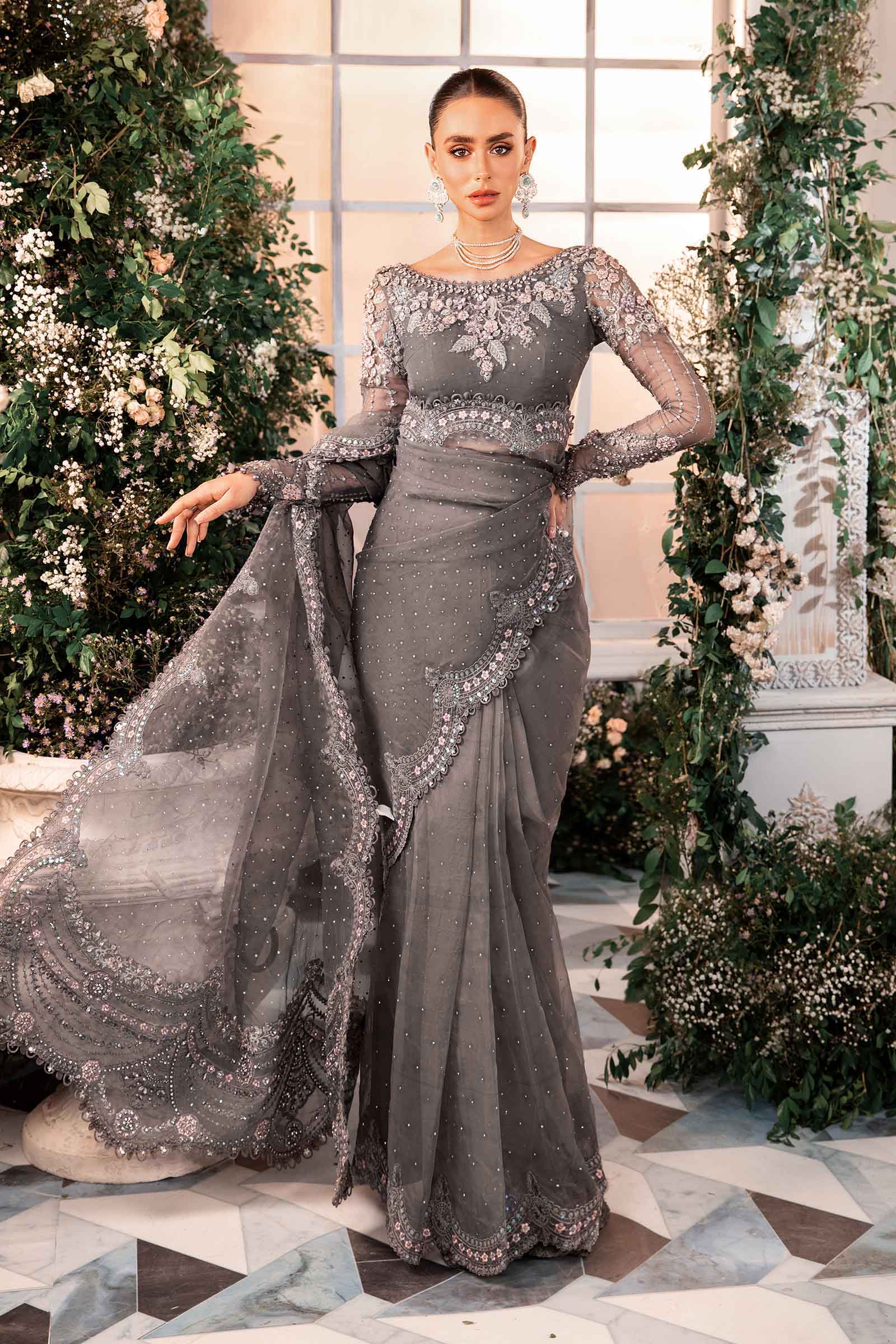 Maria B Net Saree Embroidered & Hand Embellished SR 5020