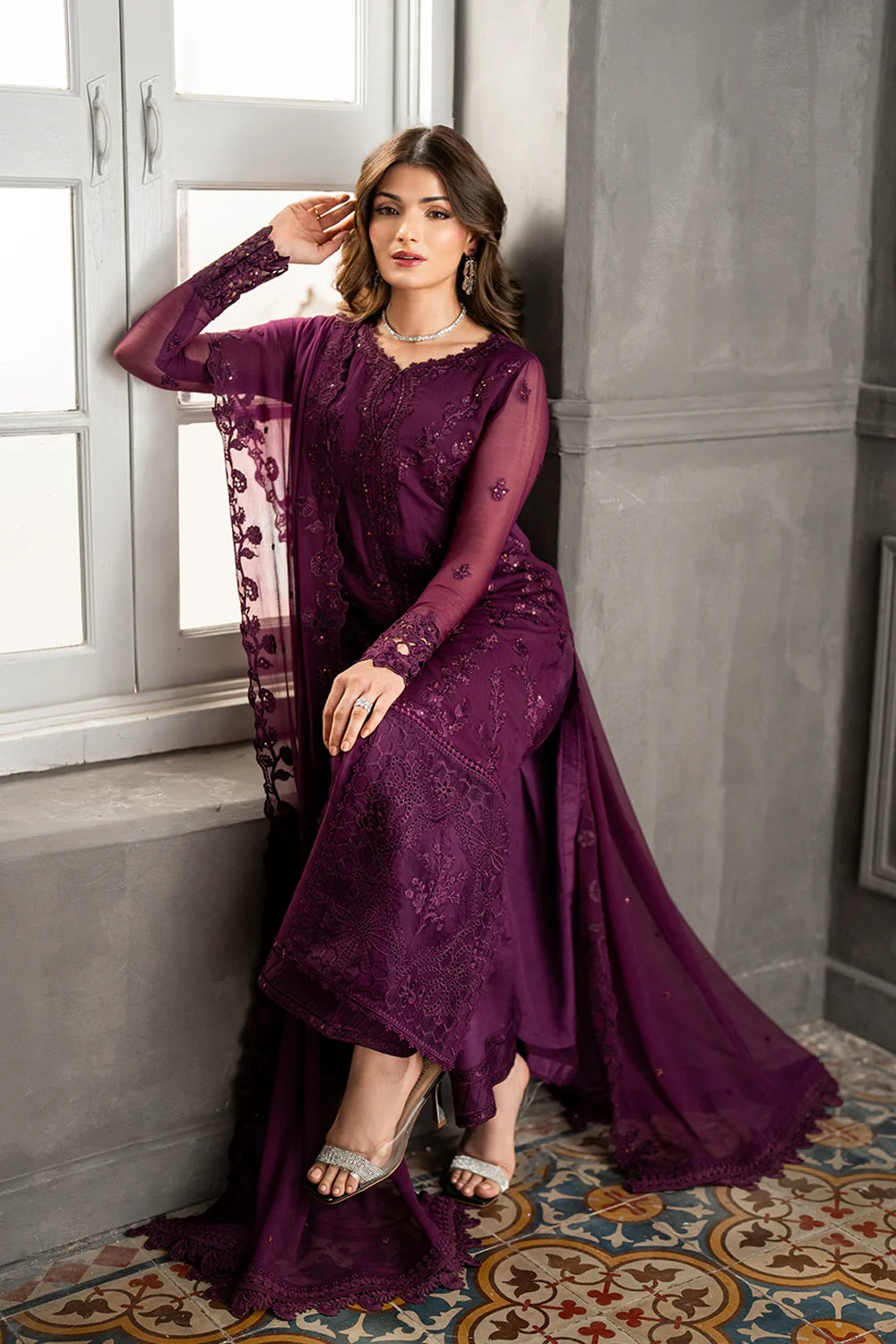 Azure Chiffon Formal Dress With Chiffon Dupatta SK 7074
