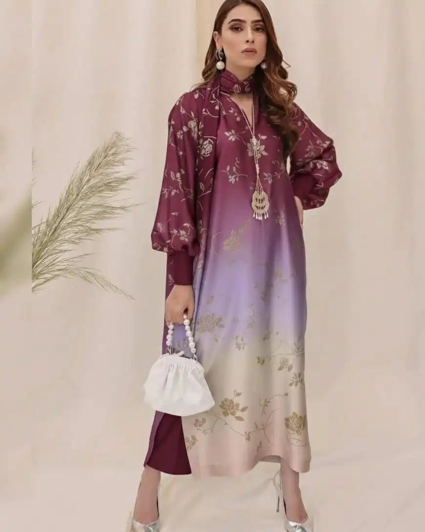 Floral Digital Printed Silk 3pc Suit D. No 13