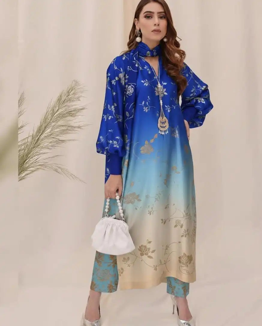 Floral Digital Printed Silk 3pc Suit D. No 14