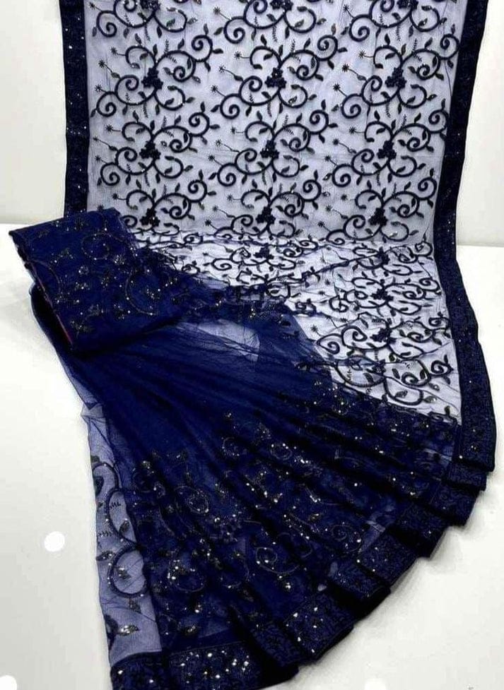 Navy Blue Soft Net Sequence Work Saree