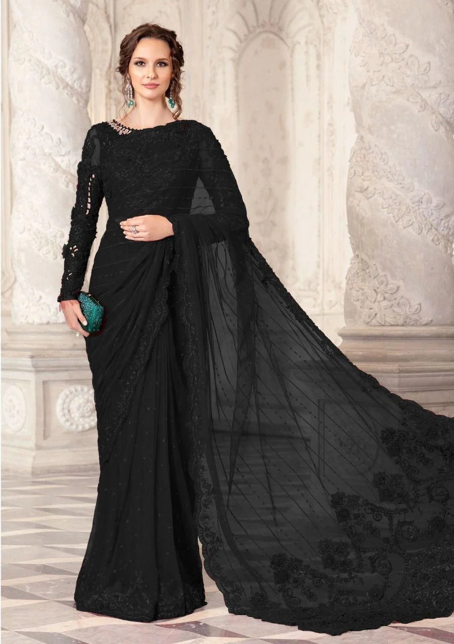 Maria B Soft Net Embroidery Saree Black SR 5019
