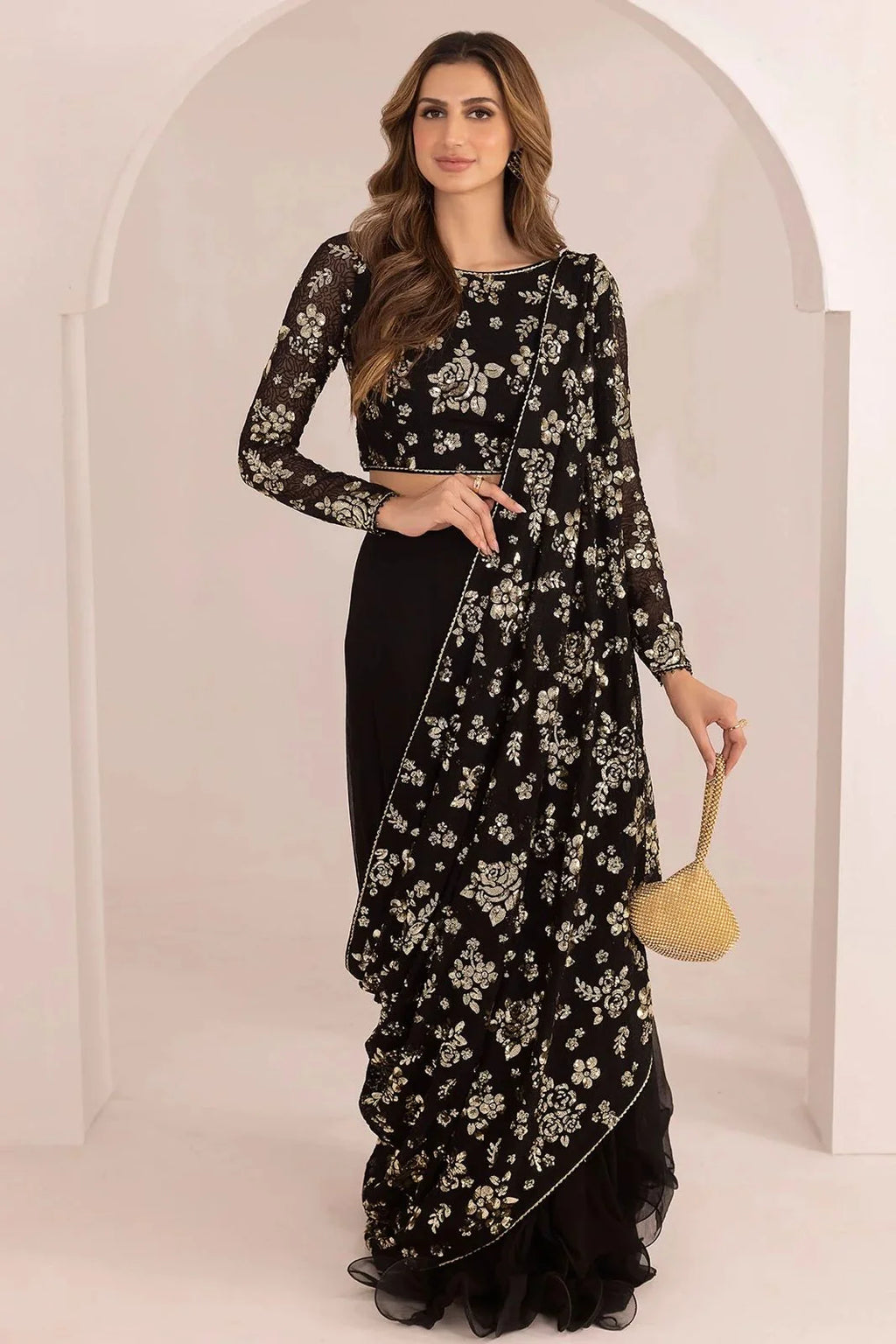 Jazmin Embroidered Chiffon Saree SR 5043 Black