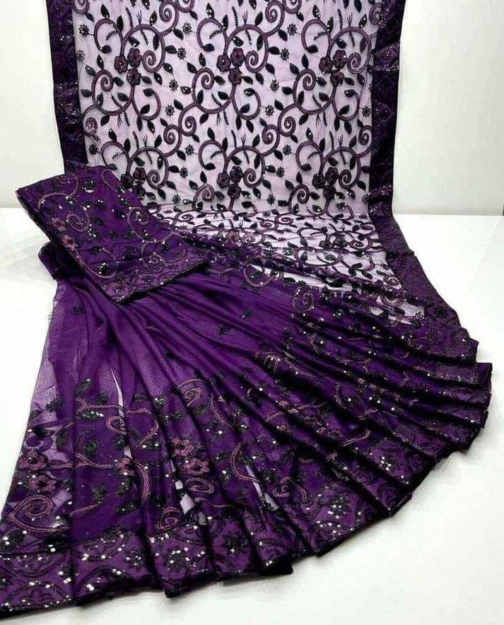Dark Purple Soft Net Sequence Work Saree