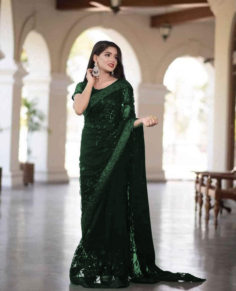 Green Soft Net Sequence Work Saree