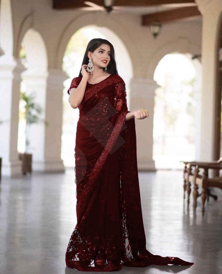Maroon Soft Net Sequence Work Saree