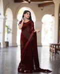 Maroon Soft Net Sequence Work Saree