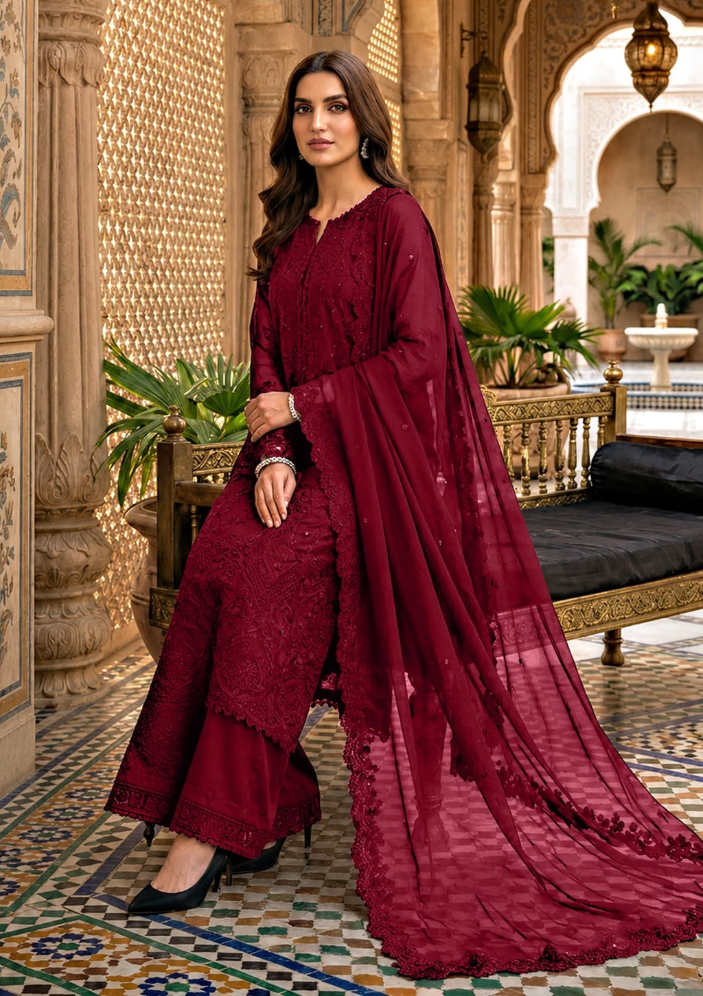 Azure Chiffon Formal Dress With Chiffon Dupatta SK 7074m