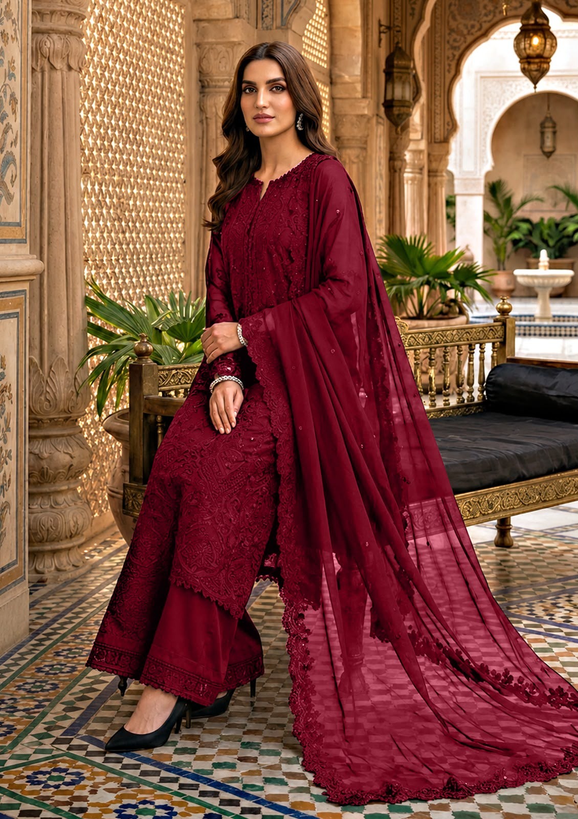 Azure Chiffon Formal Dress With Chiffon Dupatta SK 7074m