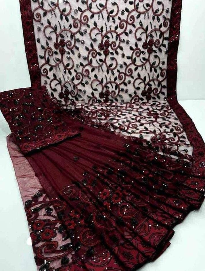 Maroon Soft Net Sequence Work Saree