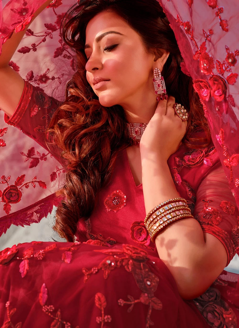 Indian Style Embroidered Red Net Saree SR 5026