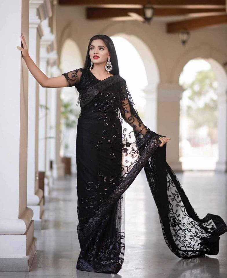 Black Soft Net Sequence Work Saree
