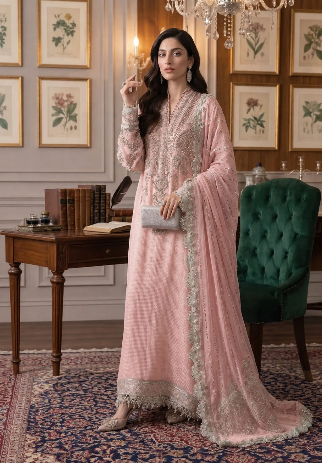 Maria B  Peach Pink Chiffon Embroidered & Hand Embellished SK 7091