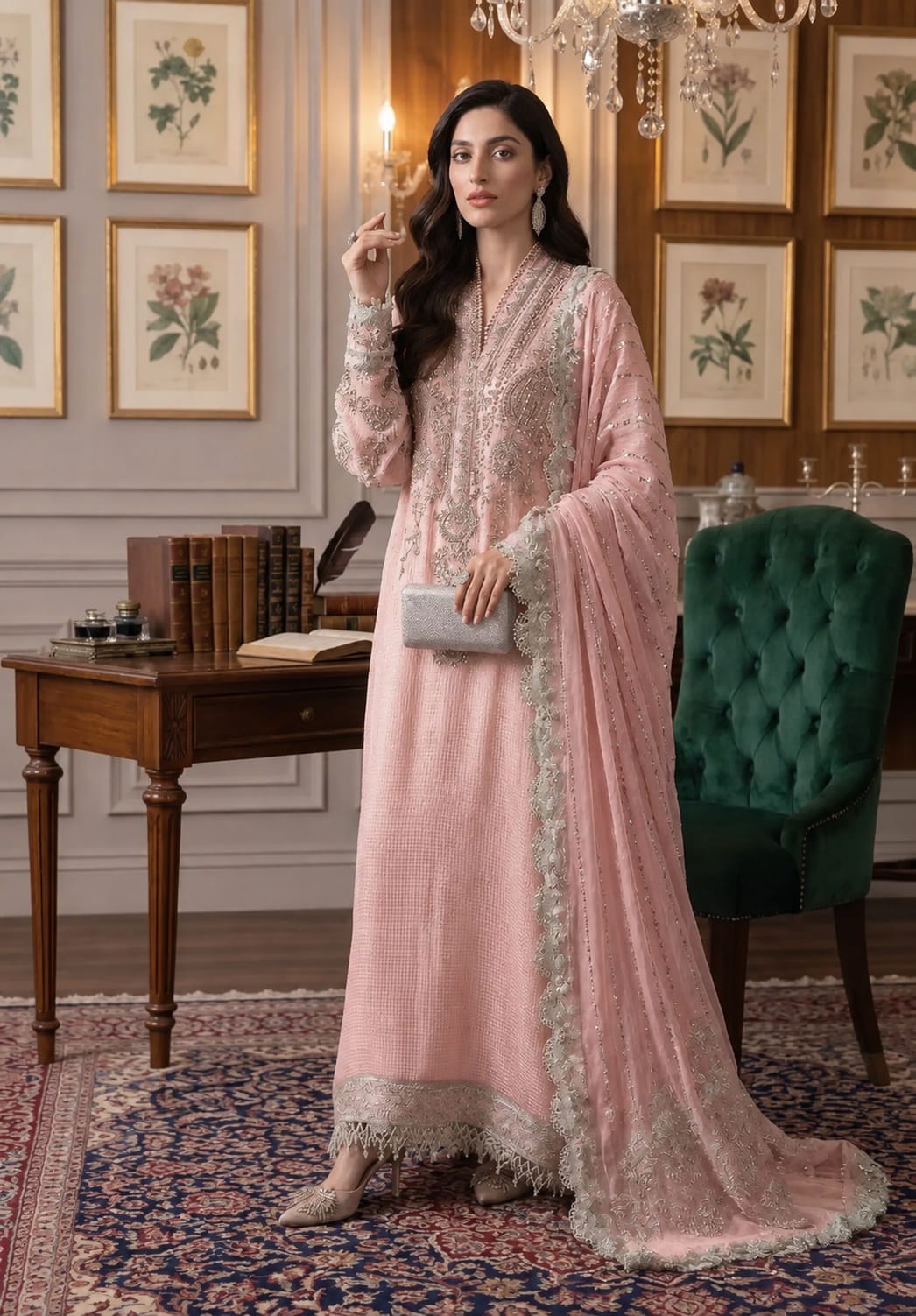 Maria B  Peach Pink Chiffon Embroidered & Hand Embellished SK 7091