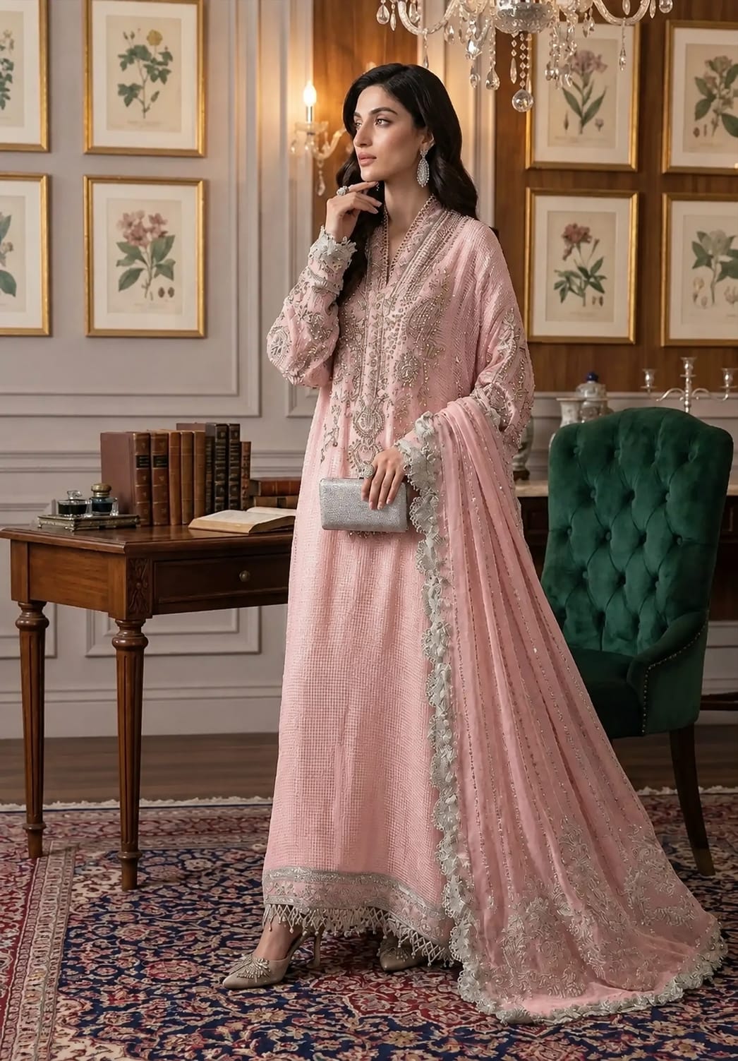 Maria B  Peach Pink Chiffon Embroidered & Hand Embellished SK 7091