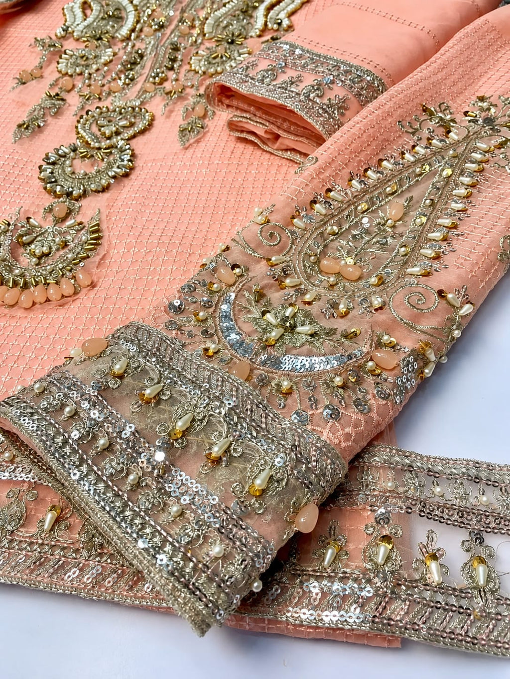 Maria B  Peach Pink Chiffon Embroidered & Hand Embellished SK 7091
