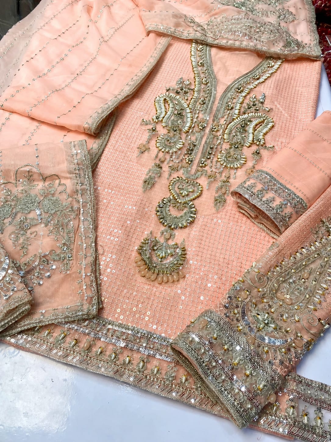 Maria B  Peach Pink Chiffon Embroidered & Hand Embellished SK 7091