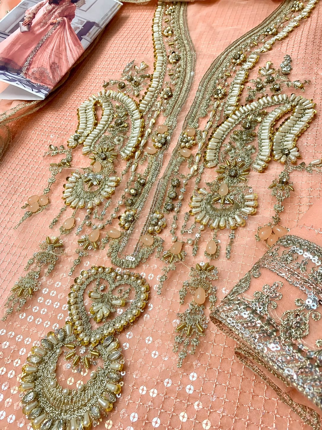 Maria B  Peach Pink Chiffon Embroidered & Hand Embellished SK 7091