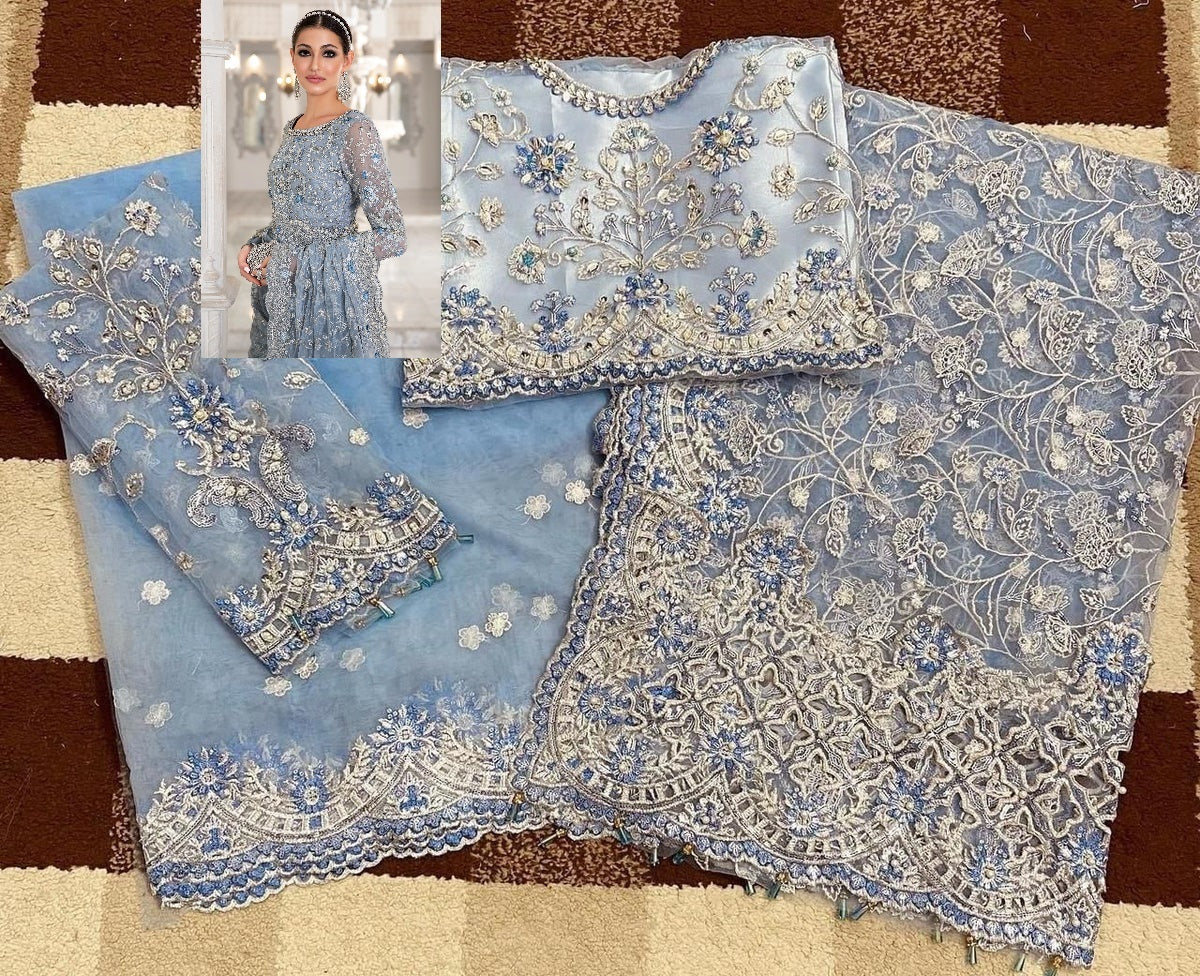 Maria B Ice Blue Exclusive Net Saree SR 5011