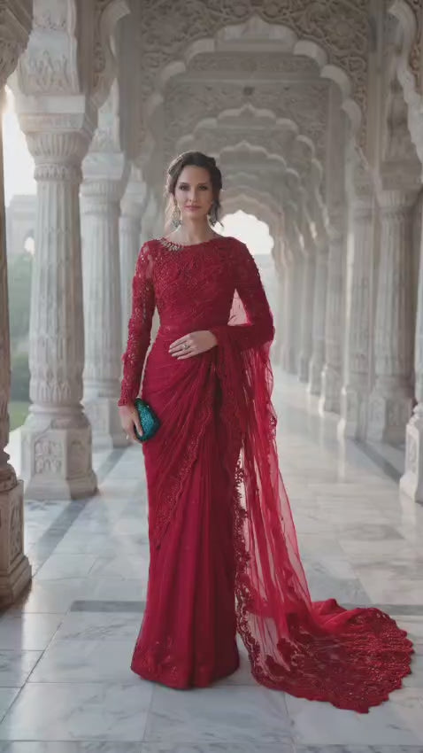 Maria B Soft Net Embroidery Saree Red SR 5021